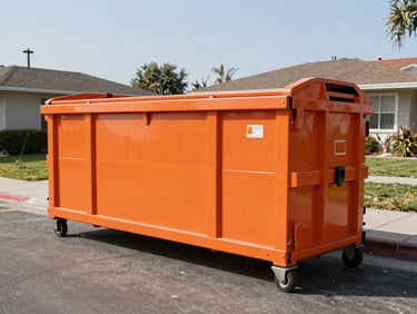 Clean safety-orange 10-yard roll-off dumpster on a residential driveway in Long Beach, bright midday sun, industrial photography.