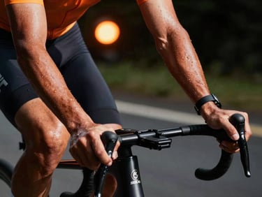 Dynamic close-up of an indoor cyclist sweating under dramatic orange spotlighting, hands gripping handlebars, deep shadows, high-energy athletic environment.