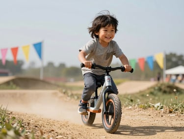 Low-angle action shot of a young child smiling intensely while riding a balance bike on an outdoor dirt track, bright natural sunlight, colorful flags blurred in the background.