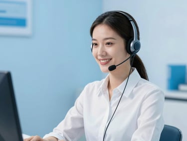A professional customer service representative with a headset smiling, bright high-key studio lighting, clean tech blue background.