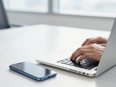 A close-up of hands typing on a laptop next to a modern smartphone, bright natural daylight, clean corporate workspace.