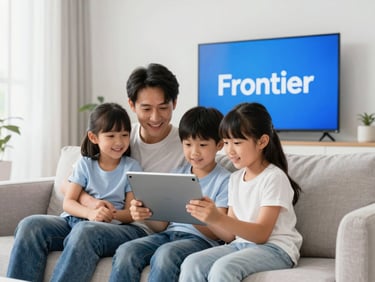 A family happily streaming a movie on a tablet in a bright, sunlit modern living room, representing Frontier high-value internet