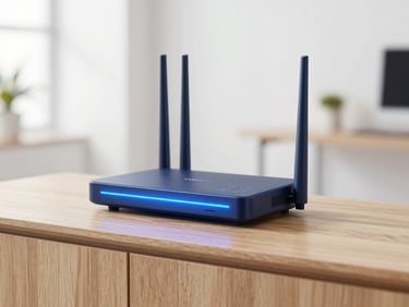 A high-speed Wi-Fi router with glowing blue LED lights on a modern wooden console table, soft background blur, bright daylight.
