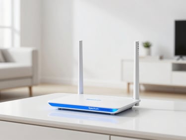 A modern high-speed Wi-Fi router glowing blue in a clean white apartment living room, representing Spectrum high-speed internet