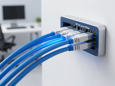 Sleek fiber optic cables glowing with blue light entering a modern home office, representing AT&T pure fiber gigabit internet