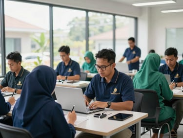 Indonesian community development project, local entrepreneurs in a modern workshop, natural bright daylight, editorial photography