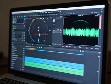 Close-up of color grading software interface showing vectorscope and waveform monitors alongside a timeline panel, cool blue-tinted room light reflecting faintly off a dark workstation surface, tight crop emphasizing the precision of the tool readouts