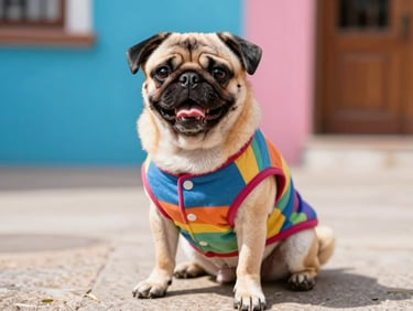 Un perro pug feliz vistiendo una sudadera colorida hecha a la medida, sentado en un patio soleado de Celaya, fotografía nítida a nivel de ojos