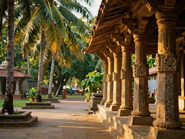 Sun-dappled temple corridors of Madurai with stone pillars, warm golden hour light, 35mm