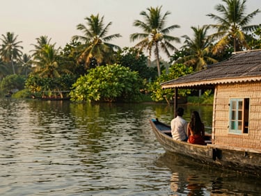 A couple looking out over quiet Kerala backwaters from a traditional houseboat deck, soft evening light, 35mm