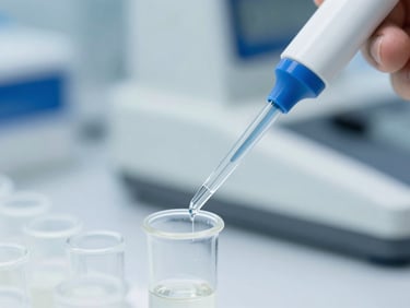 Close-up of a sterile pipette dispensing liquid into a PCR vial, bright clinical laboratory setting.