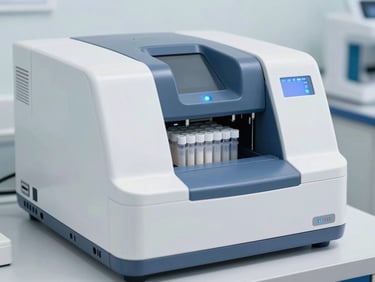 A modern automated diagnostic analyzer machine processing sample vials, cool blue indicator lights.
