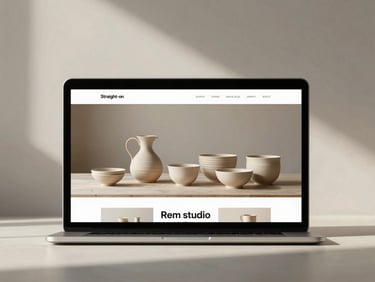 Straight-on clean browser mockup showing a minimalist pottery studio website, neutral tones, high-contrast daylight shadows.