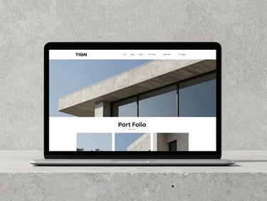 Minimalist browser mockup displaying a modern architectural portfolio website, sharp lines, raw concrete texture detail, bright daylight.