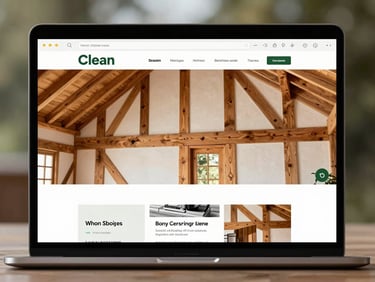Clean browser mockup showing a traditional timber framing business website, oak textures, natural high-contrast outdoor light.