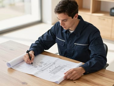 Professional engineer in a clean navy uniform reviewing a technical blue heating schematic blueprint on a modern wooden desk, warm side lighting, sharp focus, 35mm
