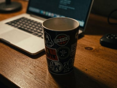 Cinematic close-up of a rugged, dark mate cup covered in custom stickers sitting on a messy wooden desk with a laptop keyboard blurred in the background, warm overhead low-key lighting, 35mm film grain