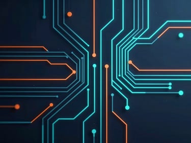 An abstract geometric circuit pattern glowing with subtle orange and cyan light paths, high-end corporate tech aesthetic.