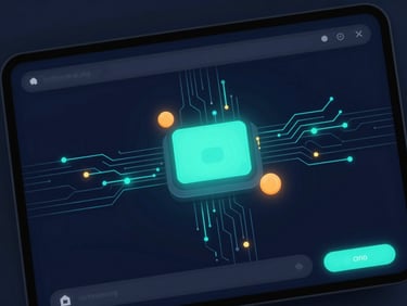 Close-up of a modern web interface mockup on a dark screen, glowing electric cyan accents, deep navy background, sleek 3D render.