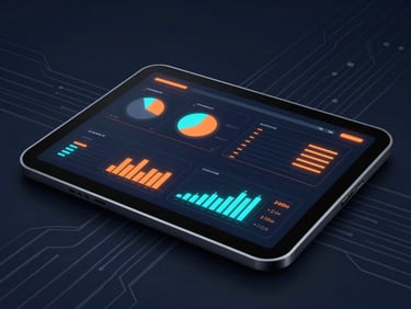 Sleek dark-mode 3d render of a secure tablet terminal displaying data charts, glowing orange neon accents, deep navy background, clean geometric circuit patterns, octane render, close-up.
