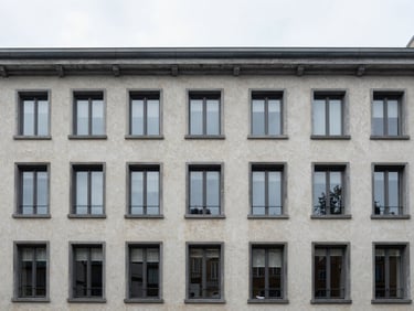Crisp architectural photography, freshly rendered facade against Brussels architecture, natural overcast daylight, sharp focus, 35mm lens.