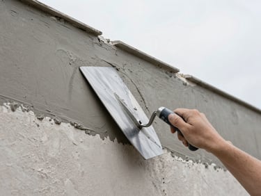 Crisp architectural photography, close-up of a clean trowel smoothing wet plaster on a wall, natural overcast daylight, 35mm lens.