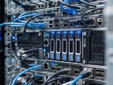 Macro detail of high-end server hardware with glowing blue indicator lights, clean data interfaces, sharp focus.