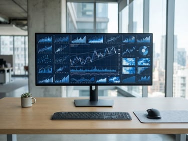 Clean minimalist workspace with a high-resolution display showing complex data charts, bright cool daylight.