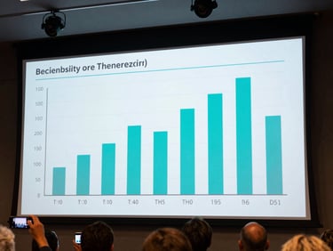 Wide venue shot showing a large projection screen with a live voting bar chart interface — teal progress bars updating in real time, audience members holding phones visible in foreground, stage lighting overhead