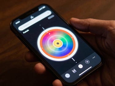 Close-up overhead shot of a smartphone screen displaying a colorful spinning wheel interface mid-spin, event venue ambient lighting, hand visible at edge of frame