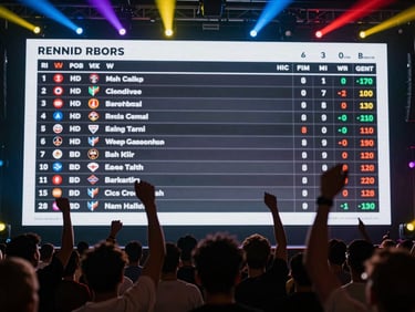 Event screen displaying a live leaderboard with ranked names and scores, crowd silhouettes cheering in foreground, colorful venue strobe lighting
