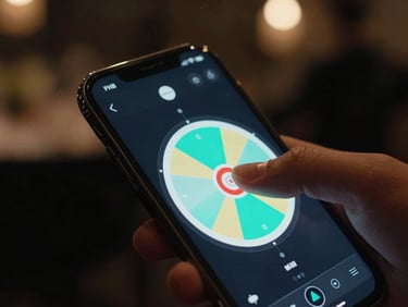 Close-up overhead shot of a phone screen showing a colorful spin wheel interface mid-rotation, teal accent segments visible, finger hovering near screen, dark event venue ambient lighting in background