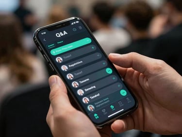 Overhead close-up of a phone showing a Q&A dashboard interface — questions queued in a dark UI with teal accent highlights, hands holding device, blurred event crowd in background