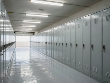 Wide architectural shot of spotless self-storage corridors in the Al Shamkhah facility, clean reflective floors, numbered steel lockers, cool fluorescent overhead lighting.