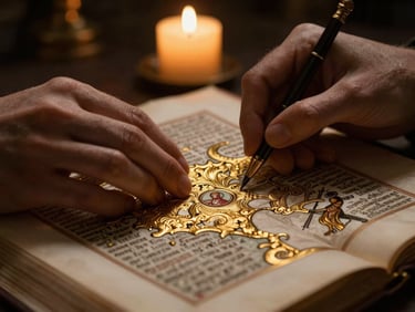 Atmospheric close-up of hands tracing a gold-foiled theological map in an illuminated manuscript, soft candlelight.