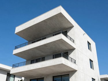Low-angle shot of a premium coastal residential development, elevated concrete structure, clean modern lines, bright daylight