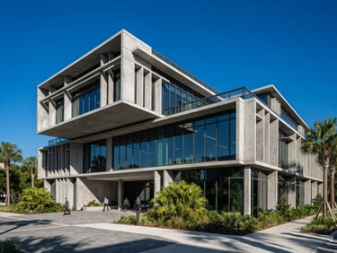 Crisp architectural photography of a modern commercial concrete structure in Tampa under bright Florida daylight, clean lines, deep blue sky, 35mm lens