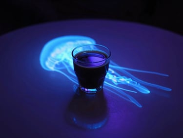 Atmospheric low-key photography of a cup of coffee on a table, with glowing neon-blue jellyfish projections reflecting on the surface, cinematic depth of field.
