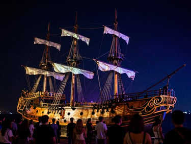 Atmospheric low-key photography of a historic pirate ship projection on a dark wall, with dramatic golden and deep blue light casting on guests, cinematic depth of field.