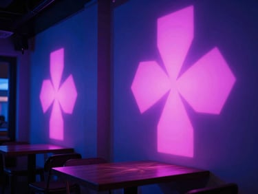 Atmospheric low-key photography of a cozy café interior with glowing pink and violet abstract geometric projection art on the walls, cinematic depth of field.