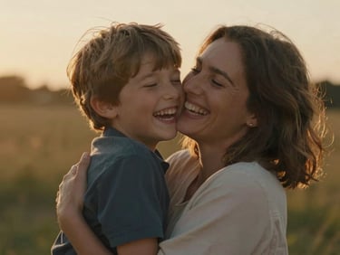 A mother and son hugging tightly, laughing with closed eyes, warm golden backlight, cinematic soft focus.