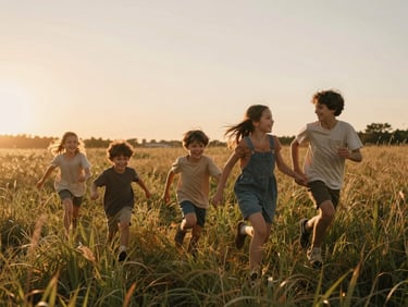 A family of four running through tall grass at sunset, kids laughing, warm sun-drenched atmosphere.