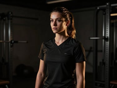 Dark editorial portrait of a female athletic trainer in a private gym, dramatic lighting, subtle gold highlights, 35mm