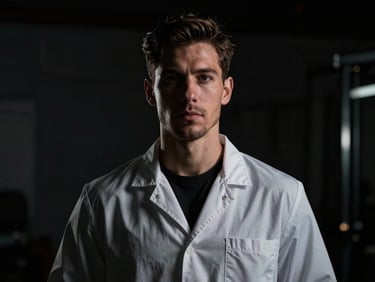 Dark editorial portrait of a male biomechanics expert, dark high-contrast background, shallow depth of field, 35mm