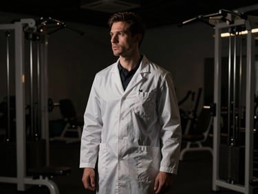 Dark editorial portrait of a male sports scientist in a private athletic facility, low-key side-lighting, deep charcoal tones, 35mm