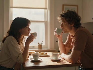 Cinematic indoor shot of a couple drinking coffee in a sunlit kitchen, warm natural window light, candid interaction, unposed, soft shadows, 35mm film style.