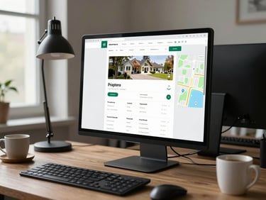 Side-angle developer desk shot showing a screen with a property listing web app, map widget visible on the right panel, desk lamp on and daylight from window, coffee cup nearby