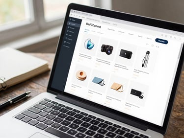 Close-up overhead shot of a laptop screen displaying a clean e-commerce dashboard UI with product listings, bright daylight from a side window, a notebook and pen beside the laptop