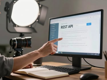 Side angle of hands pointing at a monitor showing a REST API documentation page, notebook open beside keyboard, bright overhead studio light