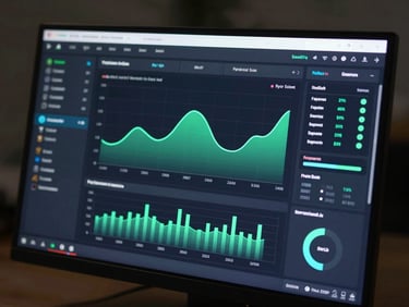 Tampilan layar penuh antarmuka dasbor analitik SaaS modern beresolusi tinggi, menampilkan grafik garis performa sistem berwarna hijau neon di atas latar belakang gelap.